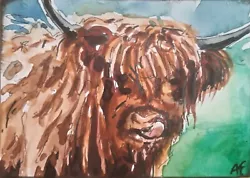 Buy Original Aceo Highland Cow Miniature  Watercolours Painting On Paper By AF • 8.50£