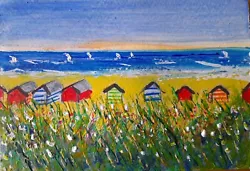 Buy Original Painting Boats Floral Coastal Landscape Beach Huts  Contemporary Framed • 21£