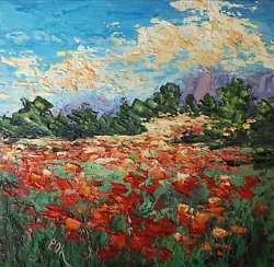 Buy Summer Landscape Oil Painting Original Art Poppies Field, Flower Meadow Impasto • 51.43£