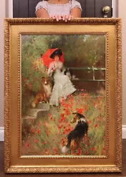 Buy Fine 19th Century Oil Painting Edwardian Society Beauty & Her Dogs On Summer Day • 19,950£