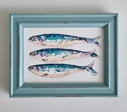 Buy Original Oil Painting Still Life Artwork Fish Sardines Food Kitchen Art Framed • 79.50£