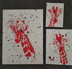 Buy Red Giraffe On White Background With Black And Red Dots, Hand Painted Set Of 3. • 50£
