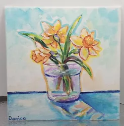 Buy Daffodil Flowers In Water Glass Mini Painting Yellow And Blue Gouache 6n X 6nx • 16.54£