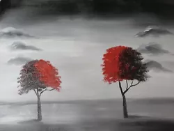 Buy Mimimal Red Black White Woods Forest Trees Large Oil Painting Canvas Landscape • 23.95£