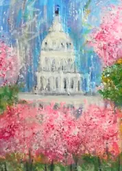 Buy ACEO Original Painting WASHINGTON DC SPRING Cherry Blossom TREES Rain Storm ART • 12.39£