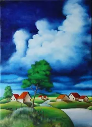 Buy ORIGINAL Oil PAINTING Dreamland Landscape Puffy Clouds Village FOLK ART REALISM • 314.21£
