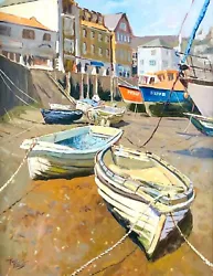 Buy TONY FORREST (b.1961) -BOATS ON THE SAND- COASTAL HARBOUR, OIL ON CANVAS, SIGNED • 350£