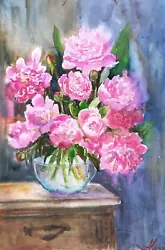 Buy Watercolor Painting Peony Painting Original Bright Pink Art Cute Peonies 9x14 In • 106.17£