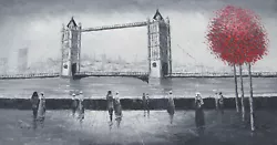 Buy Long Large London Tower Bridge Cityscape Oil Painting Canvas Red Black White • 48.95£