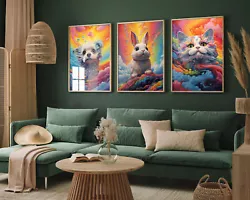 Buy Rainbow Swirl Dog, Rabbit, Cat Set Of Three Art Print Painting Poster Playful • 15£
