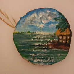 Buy Original On Log Nature Painting, Acrylic Painting Beach Hut Ocean Deco • 7.77£