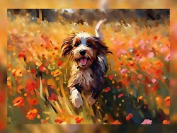 Buy Playful Dog Oil Painting Print - Vibrant Field Of Flowers Art 5  X 7  • 4.99£