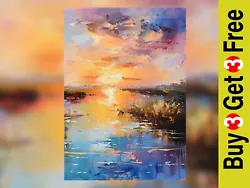 Buy Vibrant Sunset Lake Impasto Painting Print 5 X7  On Matte Paper • 4.49£
