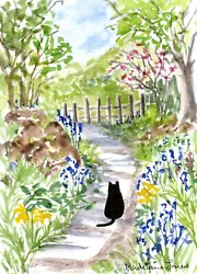 Buy Black Cat Spring Garden  5.5  X 7.5  Original Watercolour Painting • 9£