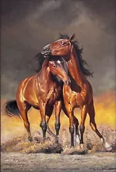 Buy Original Oil Painting Horses Thoroughbreds Field Clouds Storm Sun Large Ukraine • 1,204.86£