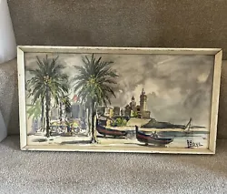 Buy Sitges, Spain Beach, Palm Trees  Original Vintage Signed Watercolour In Frame • 40£