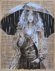 Buy Original Big Painting On Pages Of Old Books, Girl In The Rain, Size 98 X 77 Cm • 99.99£