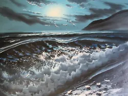 Buy Black White Sunset Oil Painting Canvas Seascape Ocean Dark Sea Wave Original • 22.95£