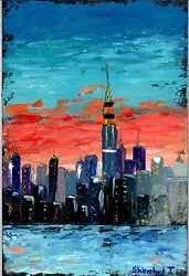 Buy Original Oil Painting Sunset In New York Cityscape Hand Painted City Art 12x8 In • 89.25£