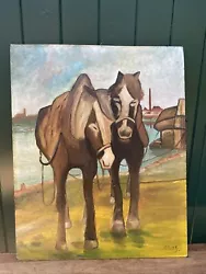 Buy Vintage Oil Painting On Board Of 2 Horses • 25£