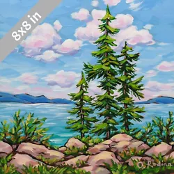 Buy Lake Landscape Painting Original Lake Tahoe Art Pine Tree Painting 8x8 Cloud • 62.26£