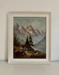 Buy Vintage Swiss Oil Painting Of An Alpine Landscape - Switzerland Mountain Lodge • 185£