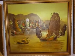 Buy Vintage Oil Painting On Board Asian Boat & City Signed   48 X 55 Cm • 34.99£