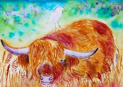 Buy Highland Cow And Bird  Size A4 ORIGINAL UNMounted  And Unframed Watercolour  • 4.99£