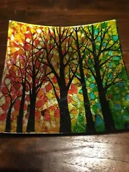 Buy Tree Woodland Scene Mulit Coloured Glittery Glass Art Work Plate Tricker Dish • 7.99£