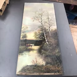 Buy Antique Oil On Canvas Landscape River Trees Cows Signed Damage • 29.99£
