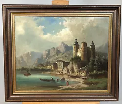 Buy Unknown Artist Circa 1900 Oil Painting Antique Fishing Boats Castle Mountains Lake Boats • 685.57£