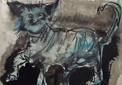 Buy Original Watercolour, 'Striped Cat', Circa 1960's, Signed Evohnav? • 59£