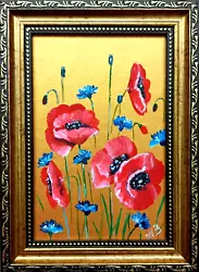 Buy Poppy Cornflowers Painting Red Flowers Original Small Art Antique Gold Framed • 41.82£