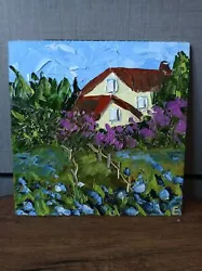 Buy Landscape Oil House Original Painting Flowers Wall Art Sky Clouds Size 6 X 6 In • 28.15£