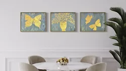 Buy Butterfly Heavy Textured Acrylic Triptych Set Of 3 Golden Gray Painting Canvas • 507.46£