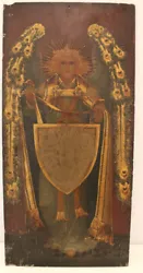 Buy RECLAIMED Angel With Shield On Wood Church Panel VINTAGE - Y96 • 46£