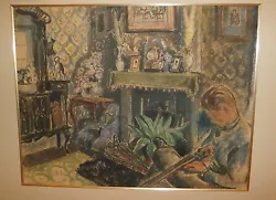 Buy Young Man With Shotgun In Living Room,Fireplace Pastel-1920s-Bernard Gussow • 1,394.14£