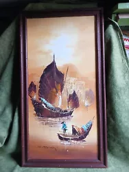 Buy MCM Painting Original Framed Oil By F. Song Asian Fishing Boats Orange Brown  • 95.09£