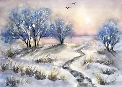 Buy Original Watercolor Painting A4 Sunset Winter Forest Snow Field  Christmas • 45.48£