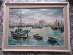 Buy LARGE 1960s WATERCOLOUR OF A CATHEDRAL AND FISHING BOATS SIGNED C.BENITEZ • 39.99£