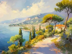 Buy Mediterranean Sea View Village Oil Painting, Printable, Decor, Wall Art • 1.04£