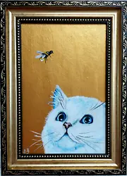 Buy White Cat And Bee Oil Painting Gold Original Artwork Framed Cute Cat  Framed • 41.34£
