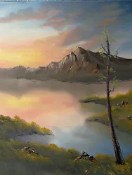 Buy Mirrored Lake At Sunset - Bob Ross Style Original Oil Painting On Canvas • 393.75£