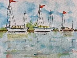 Buy Original Watercolour ACEO Of Moored Sail Boats. Pen And Wash Boats On River. • 3£