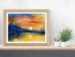Buy Sunset Over Lake | Original Hand Painted | Watercolour Painting | Landscape | A5 • 35£