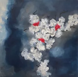 Buy Original Abstract Blue Red Floral Blossom Landscape Oil Painting On Canvas • 400£