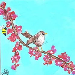 Buy Flowers & Bird Original Cute Impressionist Painting On Canvas Signed By Artist,  • 89.99£