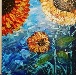 Buy Sunflowers In The Wind Hand Made Original Abstract Painting Acrylic On Wood 50cm • 59£
