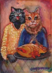 Buy ACEO Original Cat Couple Pesca-Turkey Day Cathy Darling Hostetter Thanksgiving • 41.44£