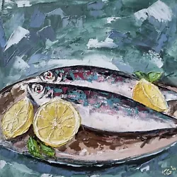 Buy Original Oil Painting Still Life Artwork Fish Sardines Lemon Kitchen Art 8x8  • 69.50£